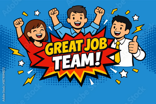 Great job team comic banner with celebration burst and happy coworkers