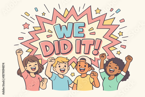 e did it comic celebration banner with happy kids and confetti