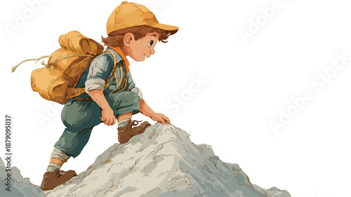 Scout Climbing Hill on White Background Vector with Outline Illustration
