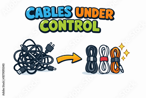 Cables under control cartoon poster with tangled power cords and organized bundles