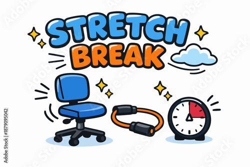 tretch break cartoon poster with office chair, resistance band and timer