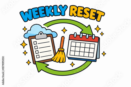 Weekly reset cartoon poster with checklist, calendar and cleaning routine loop