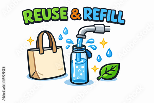 Reuse and refill cartoon poster with reusable bag and water bottle at tap