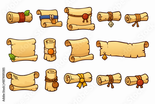 Vintage parchment scrolls collection with blank paper templates and tied ribbons