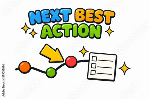 Next best action cartoon poster with step path, checklist and directional arrow