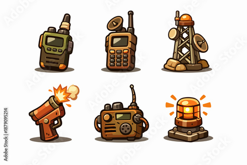 Tactical communication icons set with radios, signal tower, ray gun and warning beacon