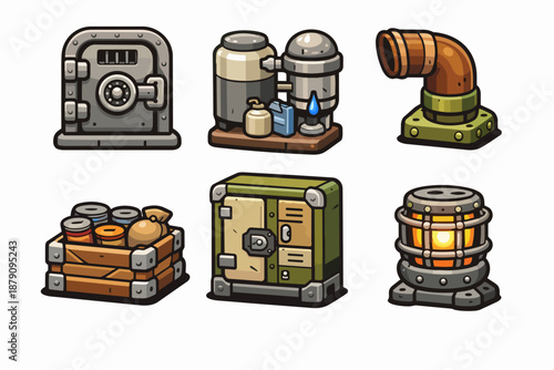 Vault and utilities icons set with safe door, water filter, pipe, crate and lantern