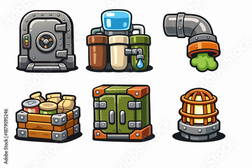 Industrial survival icons set with vault door, water filters, toxic pipe, crate and locker