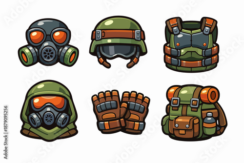 Cartoon tactical gear set with gas masks, combat helmet, body armor, gloves and backpack, isolated on white backgroun