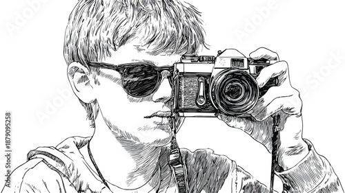Young Boy Capturing Picture with Camera Vector � Isolated Outline