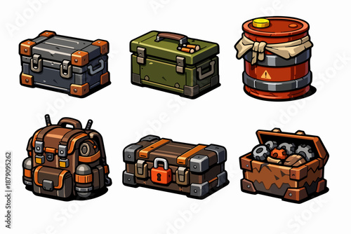Post apocalyptic storage icons set with crates, tool boxes, hazard barrel and backpack