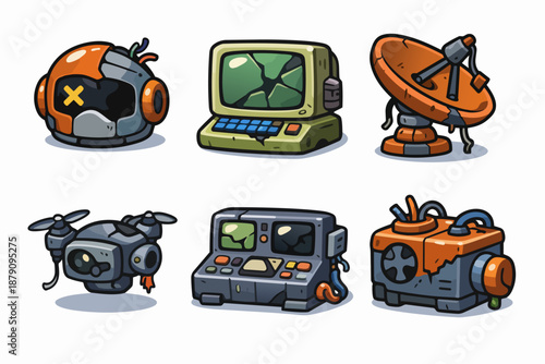 Retro futuristic gadgets set with damaged robot helmet, old computer, satellite dish, drone, control console and generator, isolated on white background