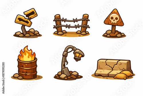 Post apocalyptic environment icons set with broken signs, barbed wire, hazard marker and fire barrel