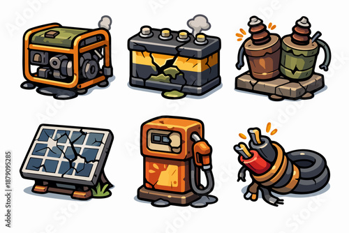 Off grid power icons set with generator, damaged battery, coils and solar panel