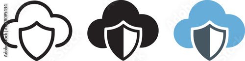 Three cloud shield icons in outline solid and colorful versions for security concept