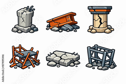 Construction ruin icons set with broken concrete pillar, steel beam, cracked column, collapsed scaffolding and damaged slab