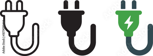 Three electrical plug icons in outline solid and colorful versions with curved cord