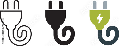 Three electrical plug icons in outline solid and colorful versions with coiled cord