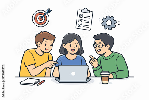 Teamwork meeting illustration with laptop, goal target, checklist tasks and process optimization