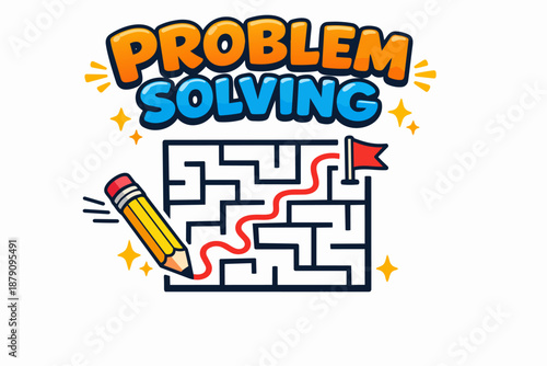 Problem solving typography with maze puzzle, pencil path and success flag