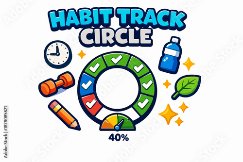 Habit track circle typography with percentage progress, checkmarks and fitness icons827