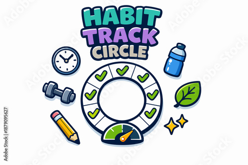 Habit track circle typography with progress meter, checkmarks and wellness icons