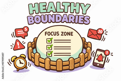 Healthy boundaries typography with focus zone protected from notifications and alerts