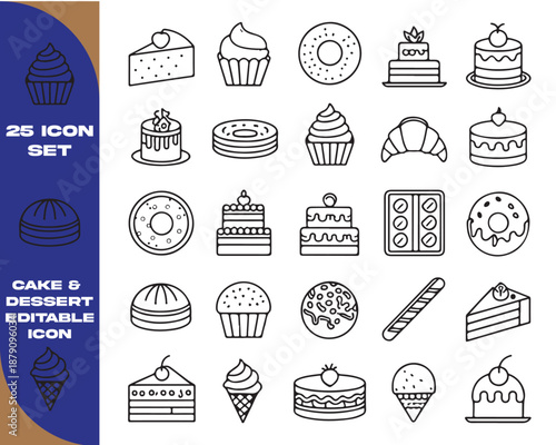 16 Fruit-Topped Cake and Dessert Line Icons, Editable Vector Set for Sweet Shop Branding and Menus, Including Strawberry Shortcake, Cupcakes, and Fruit Tarts