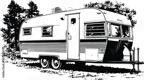 Black Silhouette Vector Art of Camping Trailer House for Outdoor Adventure Travel