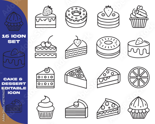 Comprehensive Set of 25 Cake and Dessert Editable Icons, Professional Line Art Vector Graphics for Pastry Shops, Featuring Croissants, Ice Cream, and Artisan Cakes