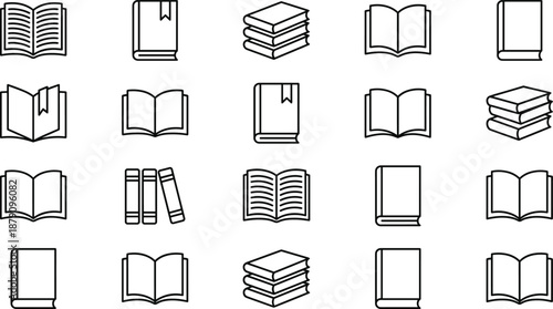Book line icons set showing open closed stacked books for education library reading publishing study concepts design outline vector collection
