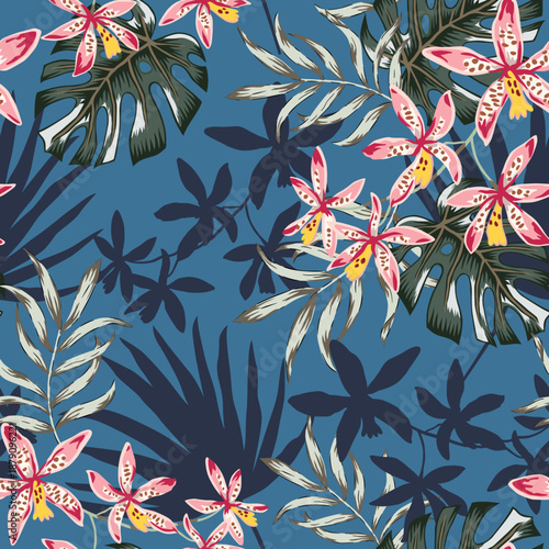 Tropical orchid flowers, palm leaves, blue background. Seamless pattern. Vector illustration. Exotic plants. Summer beach design. Paradise nature