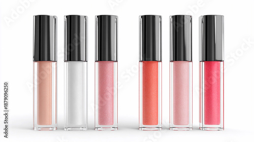 Different lip gloss tubes lined up on a white surface for display