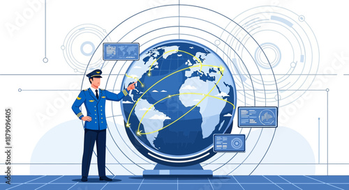 Pilot indicating global flight routes with modern technology around world map display