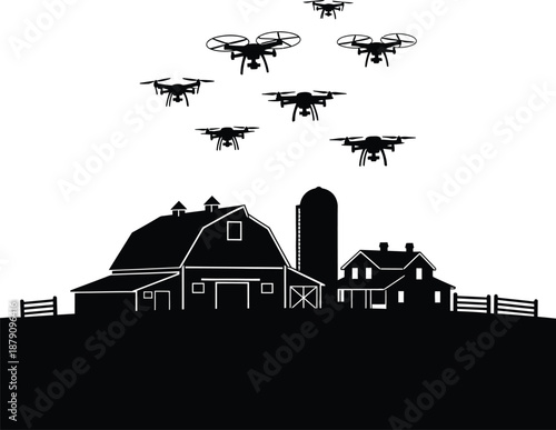Drones flying over a rural farm landscape at dusk