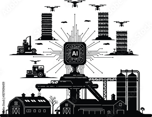 Industrial cityscape with drones and machinery in black and white