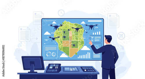 Precision Agriculture: Manager overseeing farm operations with drone technology interface