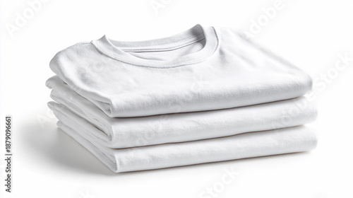 Folded white t-shirts stacked on a flat surface in a simple setting