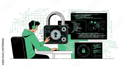 Protecting data with cybersecurity and encryption, illustrated vector design for digital security