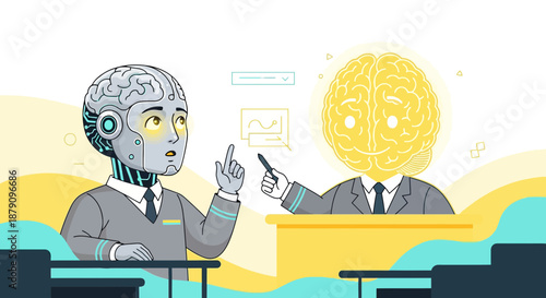 Robot student asking questions to the human brain teacher in a classroom setting illustration