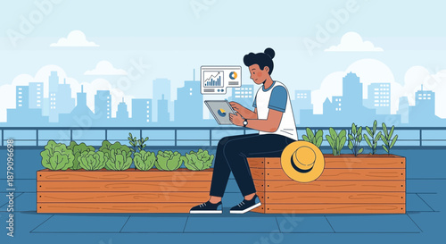 Rooftop digital nomad lifestyle with a person working remotely amidst urban garden greenery