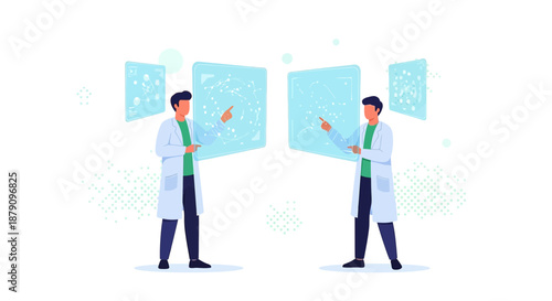 Scientists collaborating in digital virtual research examining molecular structures and medical