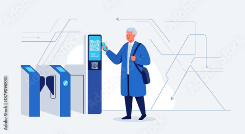 Seamless travel illustration: passenger scans code for swift transit experience at station
