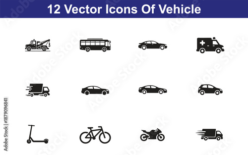 Vehicle vector icon set including car bike bus truck transport graphic