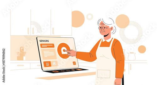 Senior citizen interacts with innovative touch screen interface for health monitoring in her home