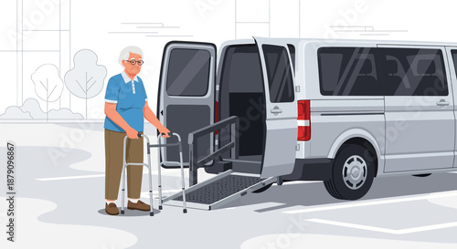 Senior man uses walker with accessible van featuring a ramp for mobility assistance