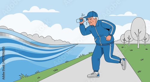 Senior man exercising outdoors maintains his health with running and hydration