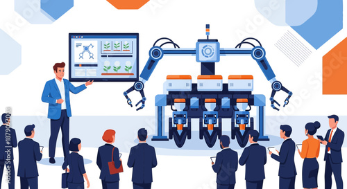 Showcasing automated agriculture: A team observes robotic crop analysis and harvesting machinery
