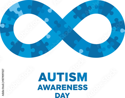 Autism awareness day infinity symbol graphic illustration with interconnected puzzle pieces in various shades of blue symbolizing neurodiversity and support for autism spectrum