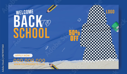 Back to school concept with two happy students on blue background.
Back to school advertisement with smiling young student holding books